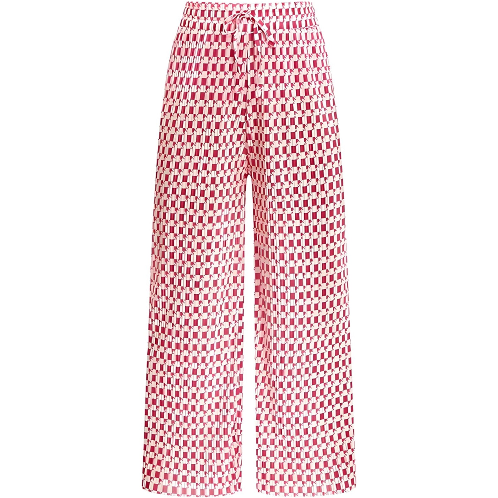  Ladies fuchsia pink and White Check Design Palazzo Trousers – Wide Leg Lightweight Summer Pants