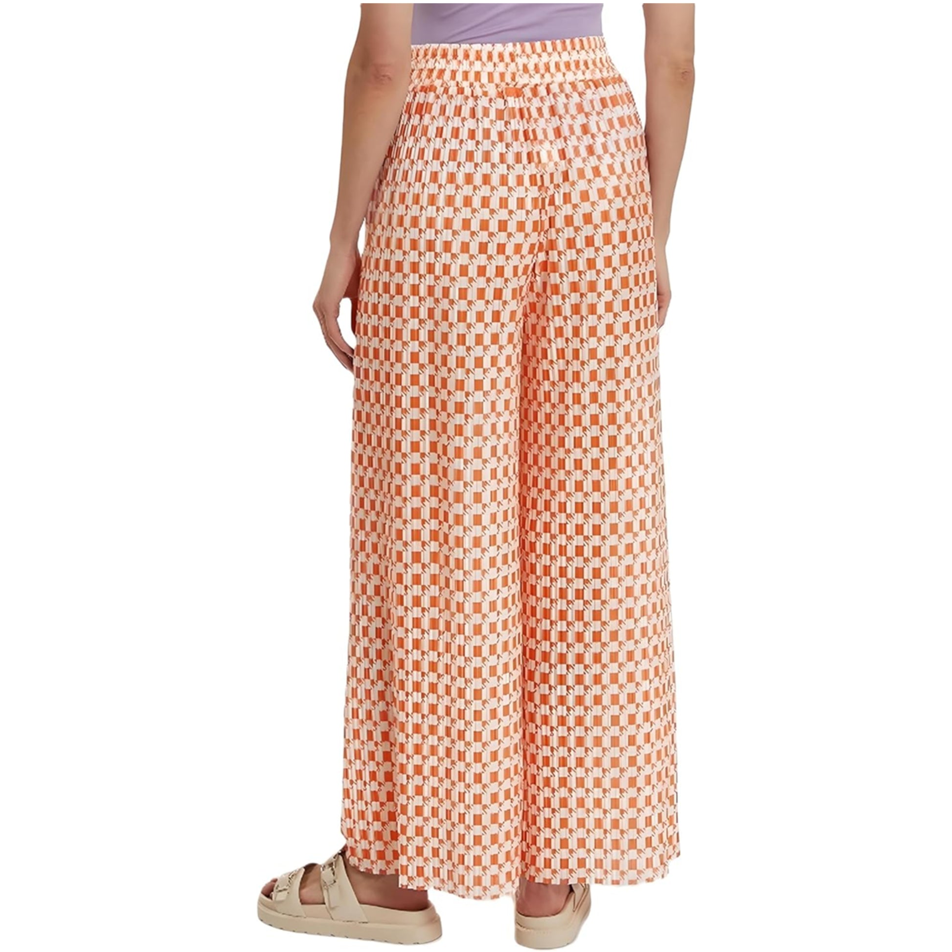  Ladies Orange and White Check Design Palazzo Trousers – Wide Leg Lightweight Summer Pants