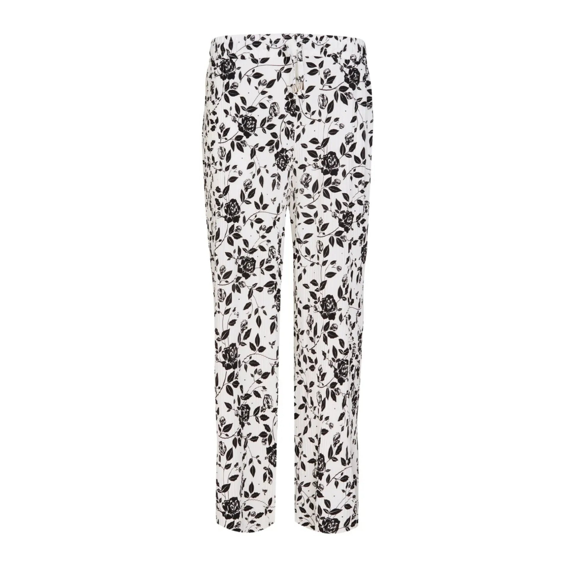 Ladies Soft Touch White Palazzo Trousers with White Floral Design – Comfortable Wide Leg Summer Pants