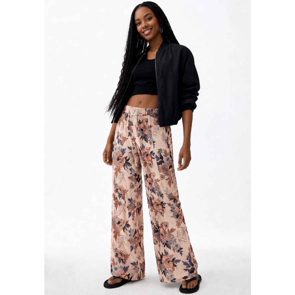 Ladies floral palazzo trousers – lightweight wide leg summer pants with beige background and pink flower pattern