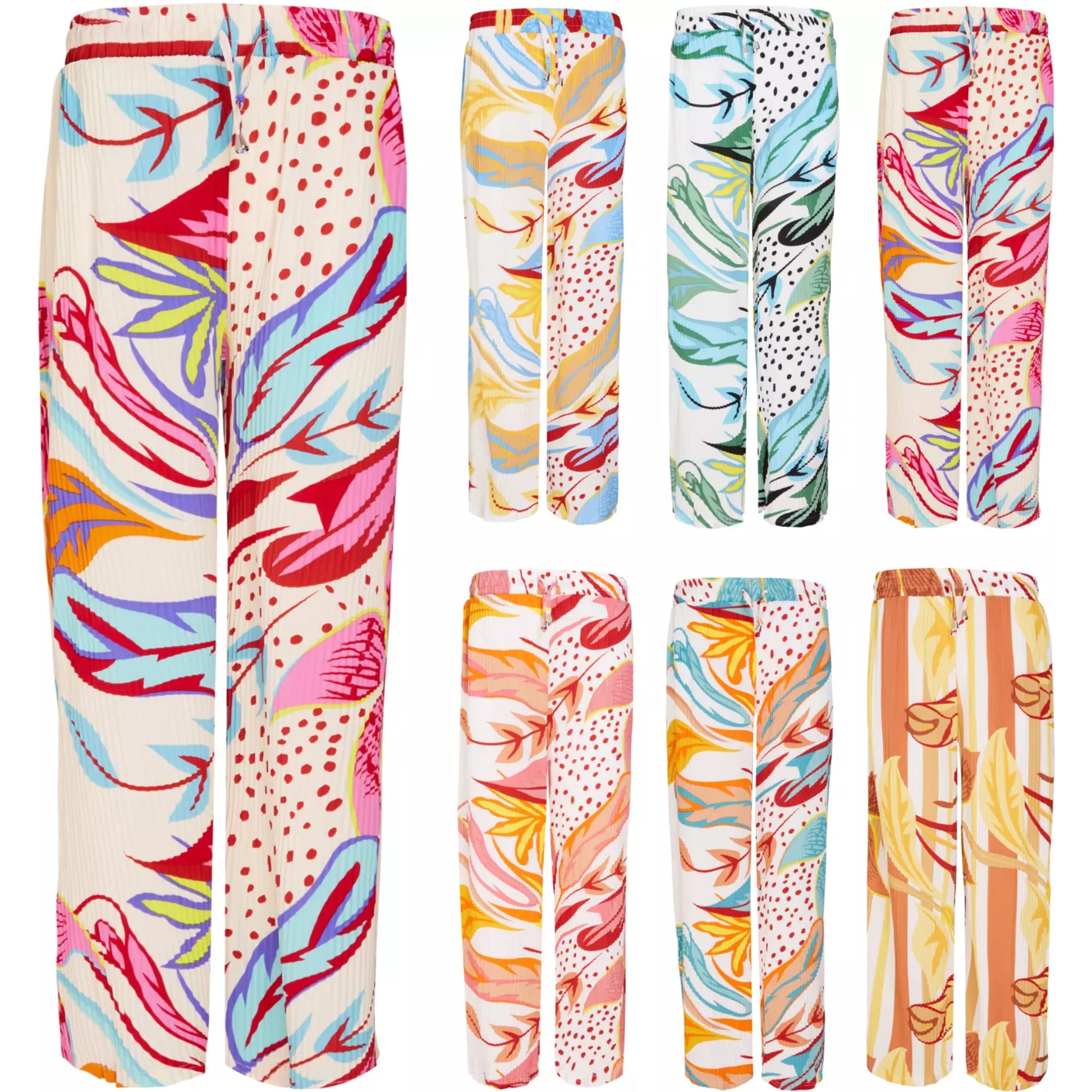 Women’s printed palazzo trousers – wide leg summer pants in bold colourful patterns.