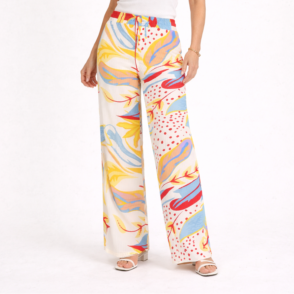 Women’s printed palazzo trousers – wide leg summer pants in bold colourful patterns.