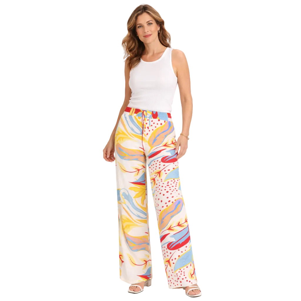 Women’s printed palazzo trousers – wide leg summer pants in bold colourful patterns.
