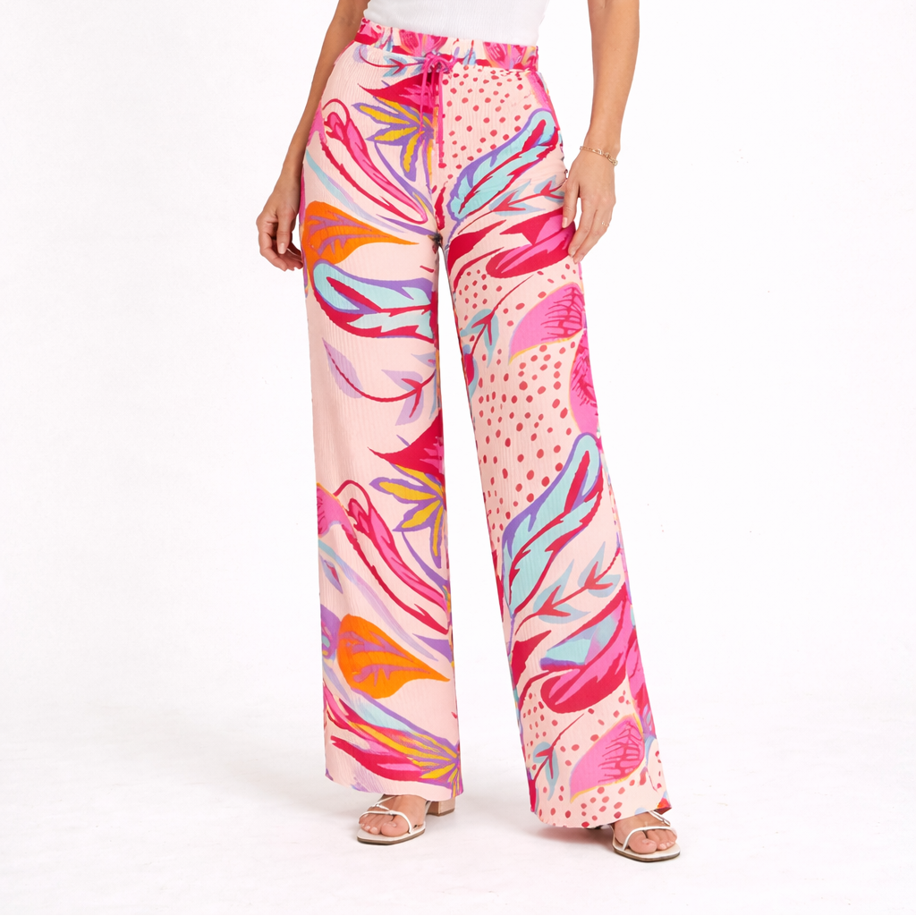 Women’s printed palazzo trousers – wide leg summer pants in bold colourful patterns.