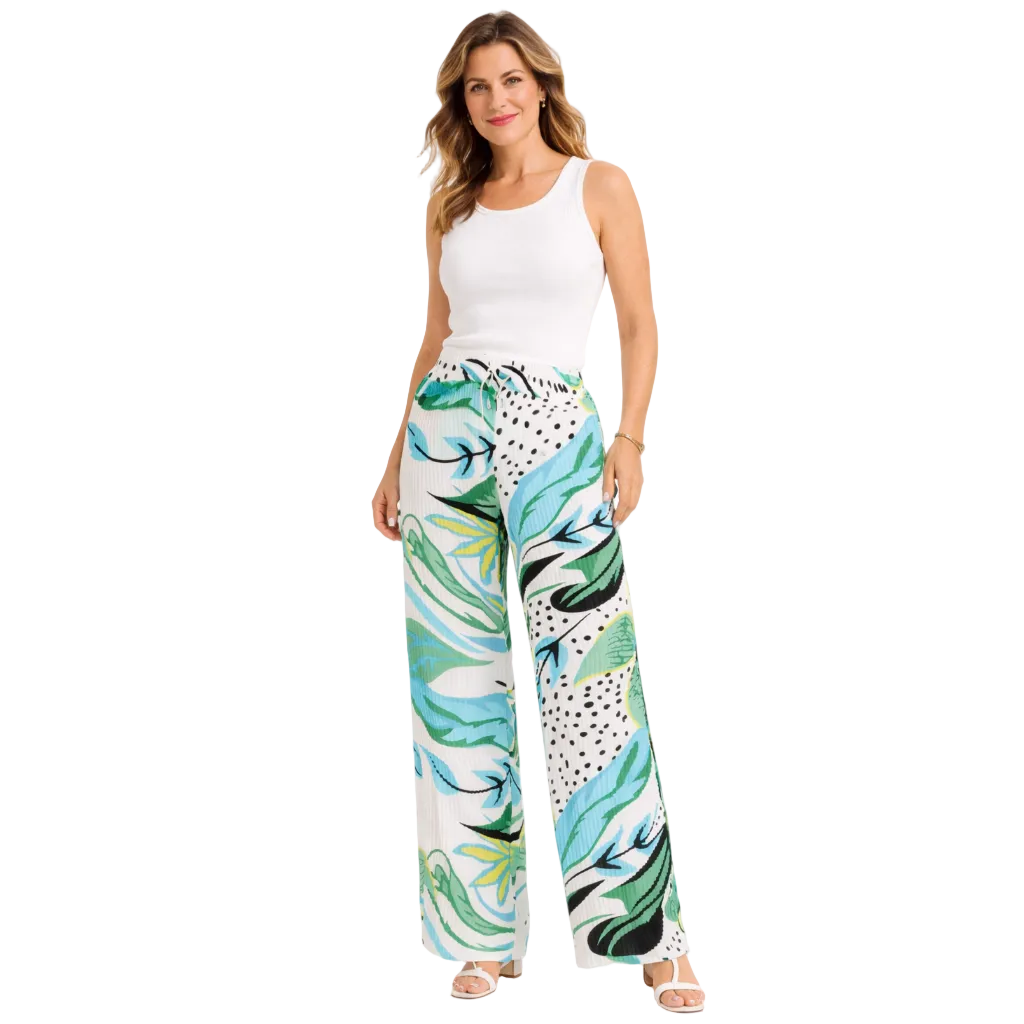 Women’s printed palazzo trousers – wide leg summer pants in bold colourful patterns.
