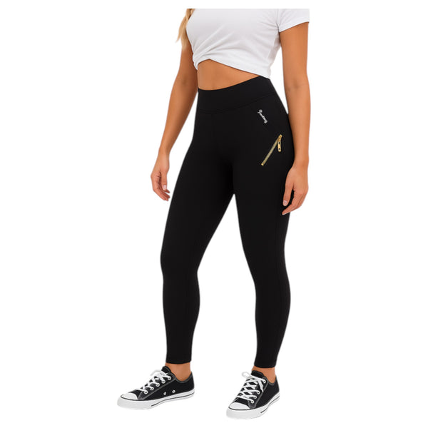 Ladies Black Fashion Gold Zip Leggings