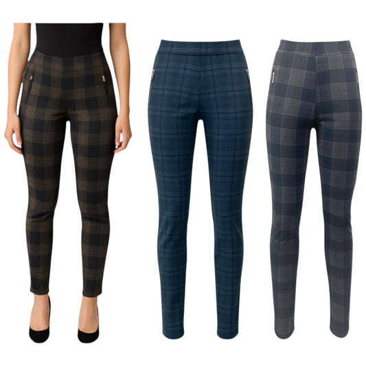 Women's navy check tapered trousers with front zip pockets, full-length smart casual stretch pants