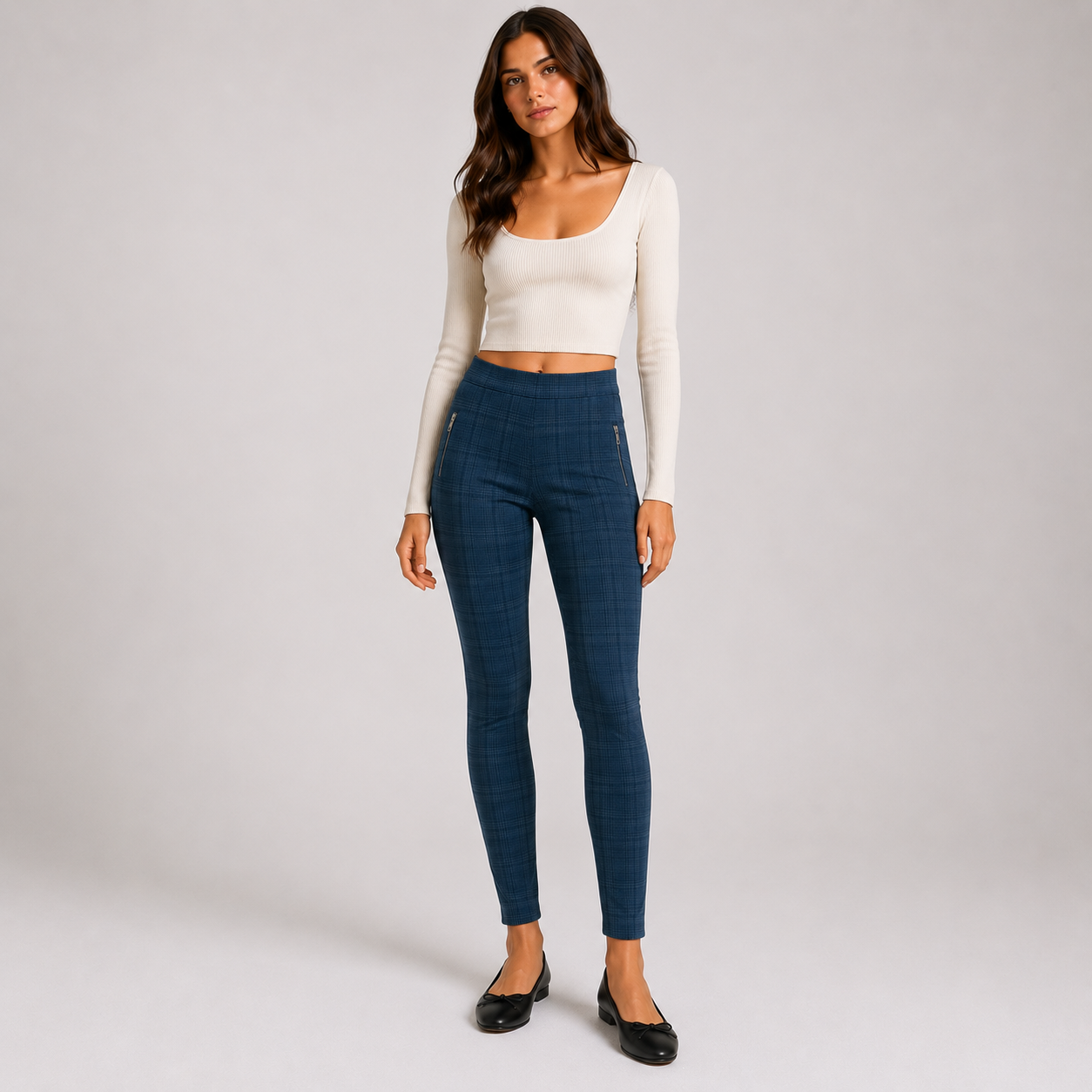 Women's grey blue check tapered trousers with front zip pockets, full-length smart casual stretch pants