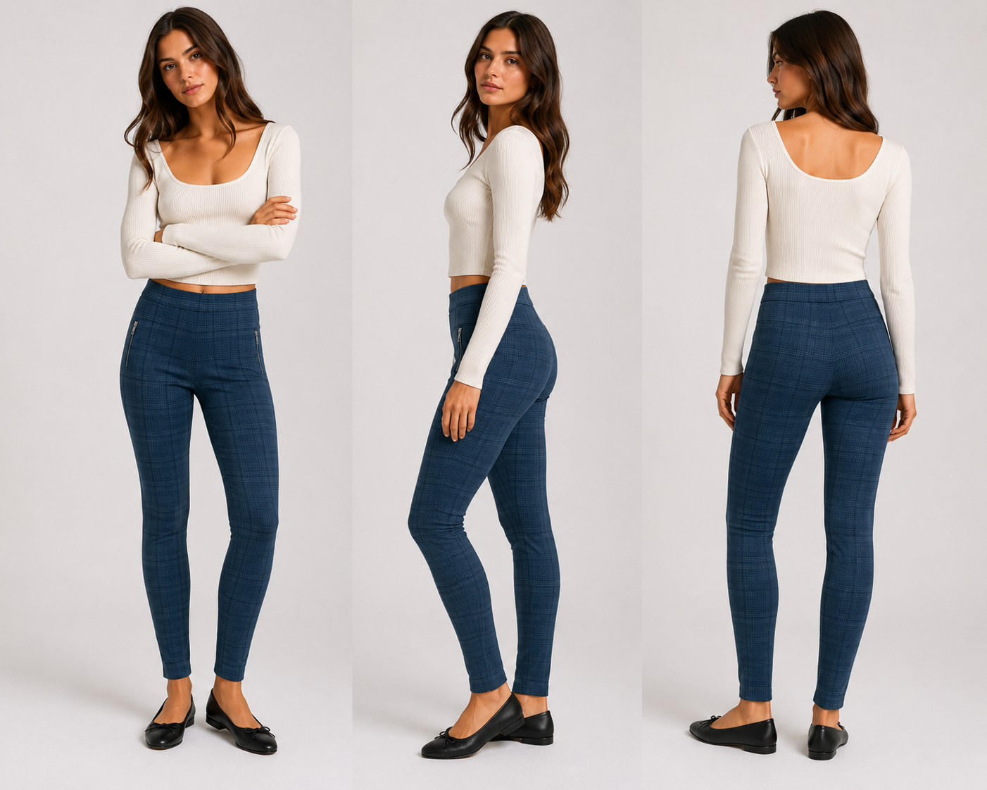 Women's grey blue check tapered trousers with front zip pockets, full-length smart casual stretch pants