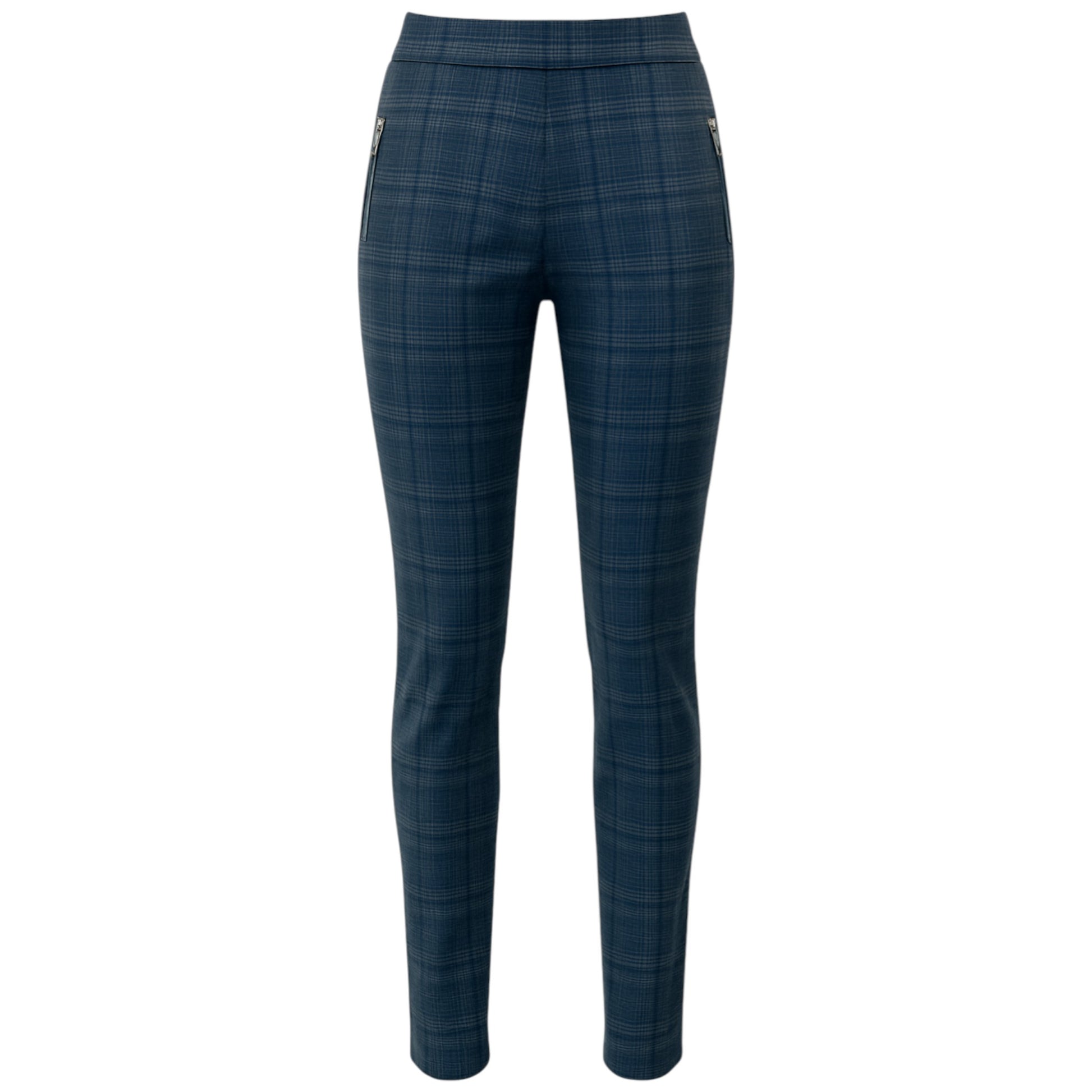 Women's grey blue check tapered trousers with front zip pockets, full-length smart casual stretch pants
