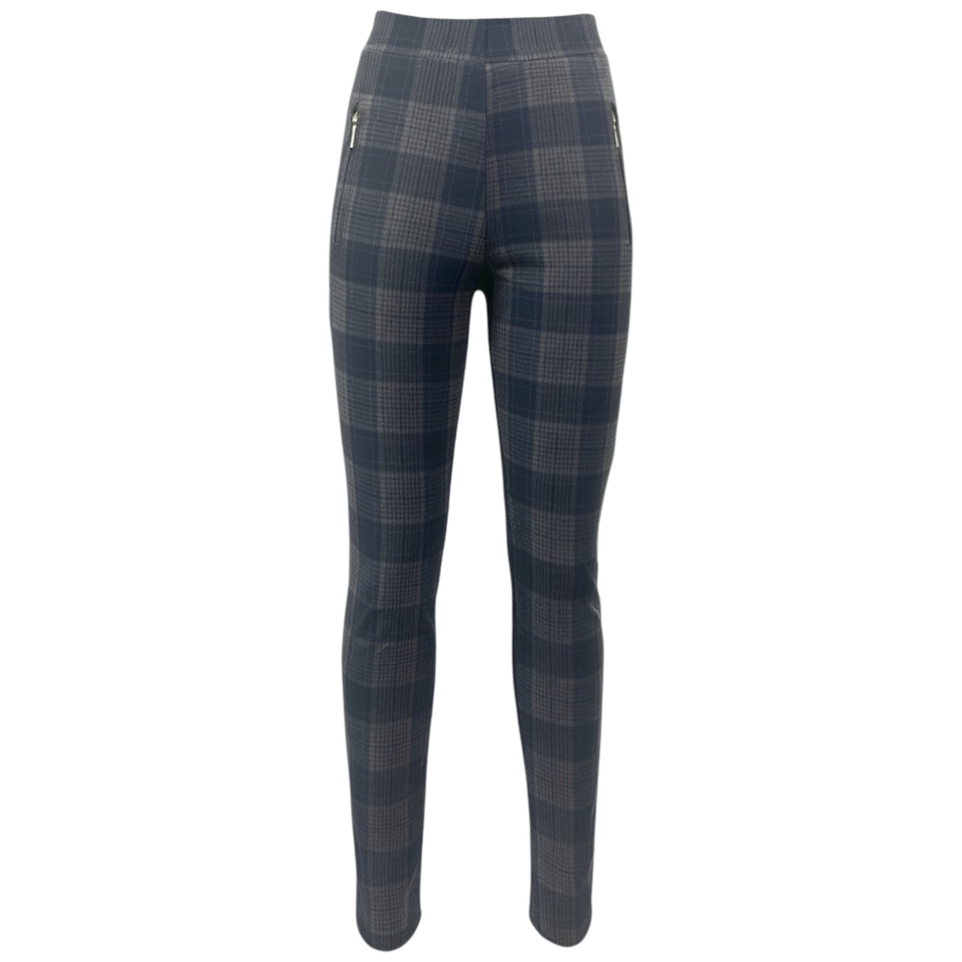 Women's grey brown check tapered trousers with front zip pockets, full-length smart casual stretch pants