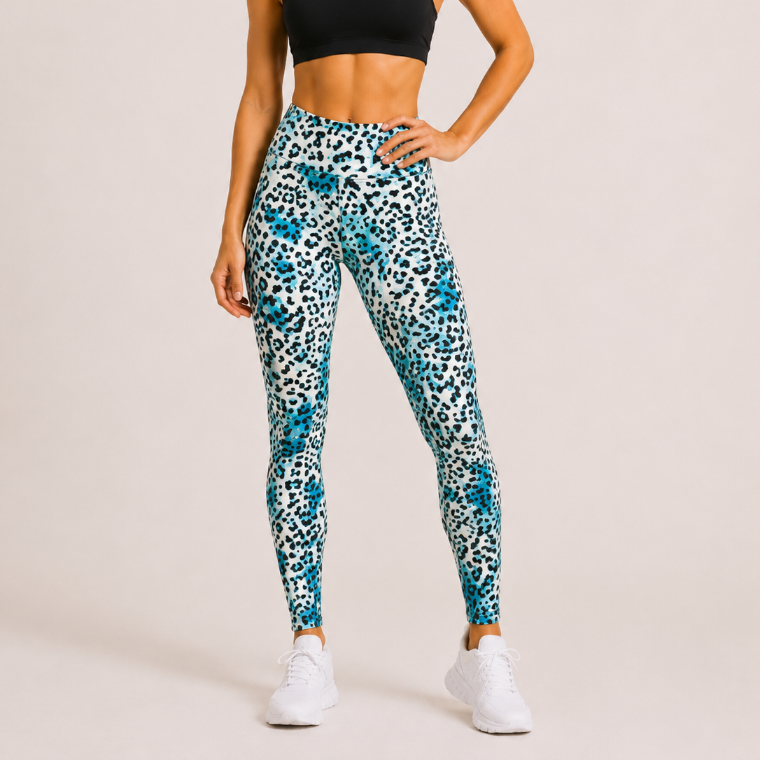 Women's high-waisted leopard print leggings in aqua – stretchy gym or casual wear