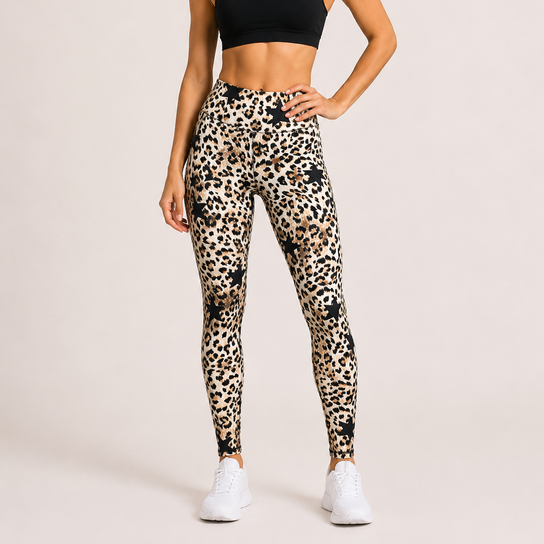 Women's high-waisted leopard print leggings in beige – stretchy gym or casual wear
