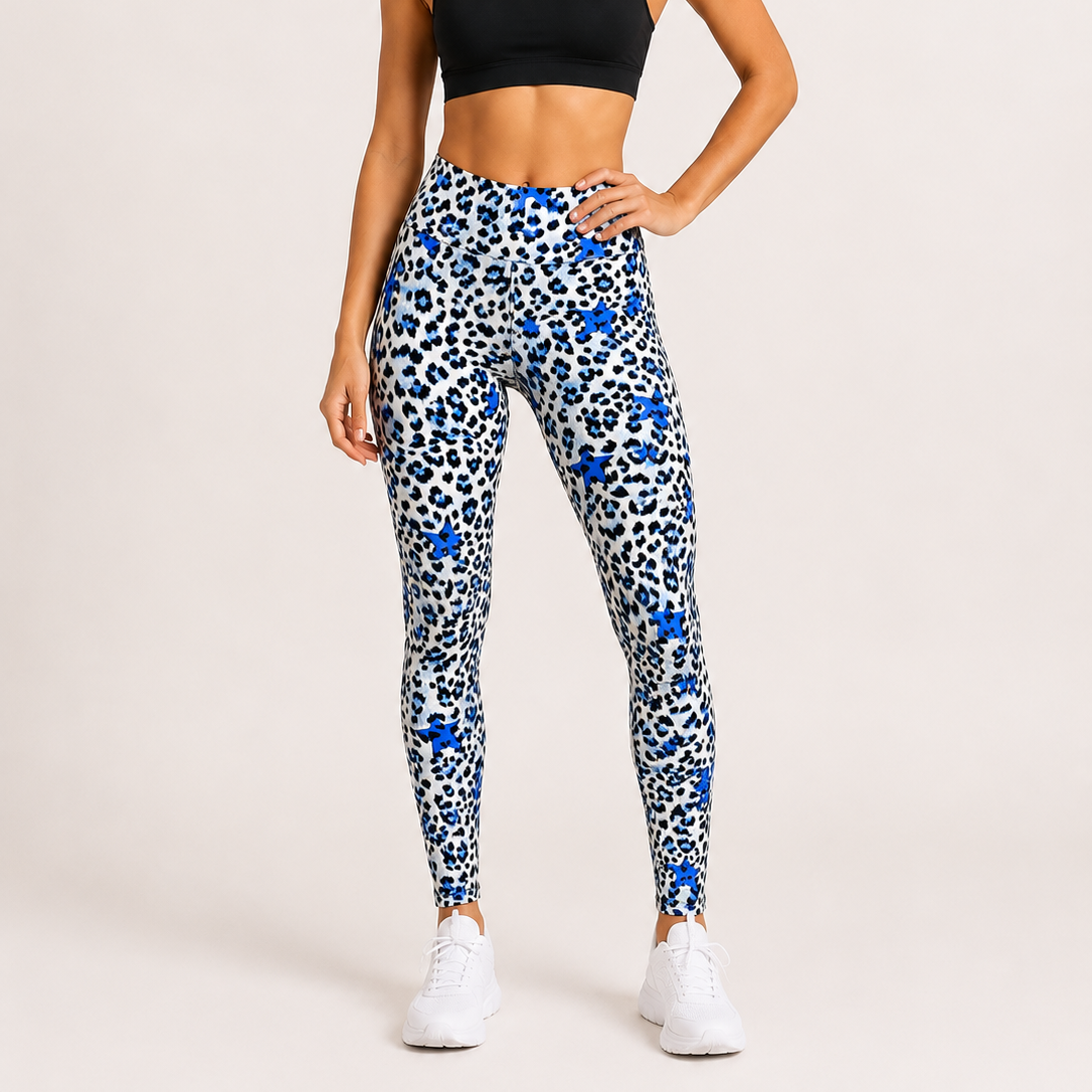 Women's high-waisted leopard print leggings in blue – stretchy gym or casual wear