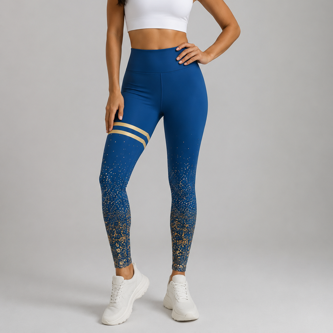 Ladies Blue high-waisted leggings with gold stripes and glitter detail for women.
