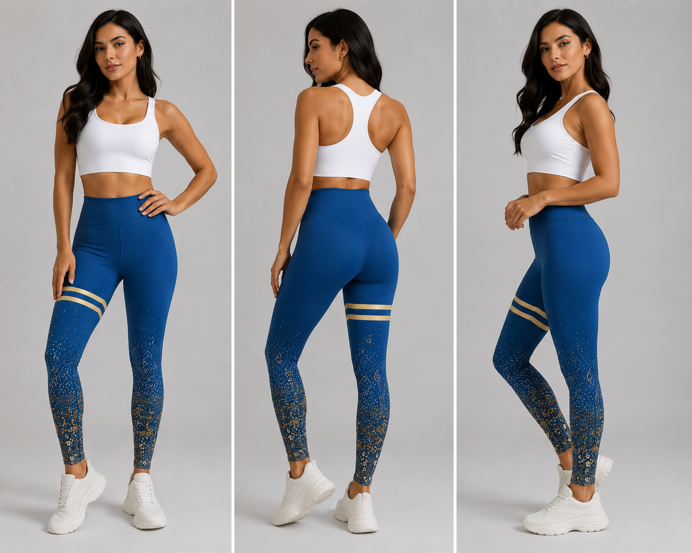 Ladies Blue high-waisted leggings with gold stripes and glitter detail for women.