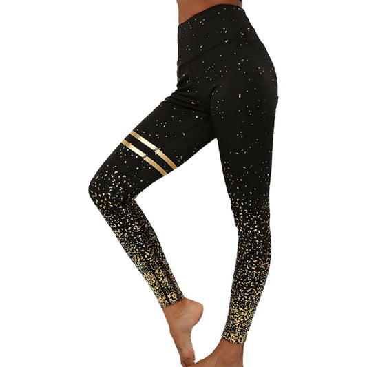 Ladies Black high-waisted leggings with gold stripes and glitter detail for women.