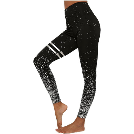 Ladies Black high-waisted leggings with silver stripes and glitter detail for women.