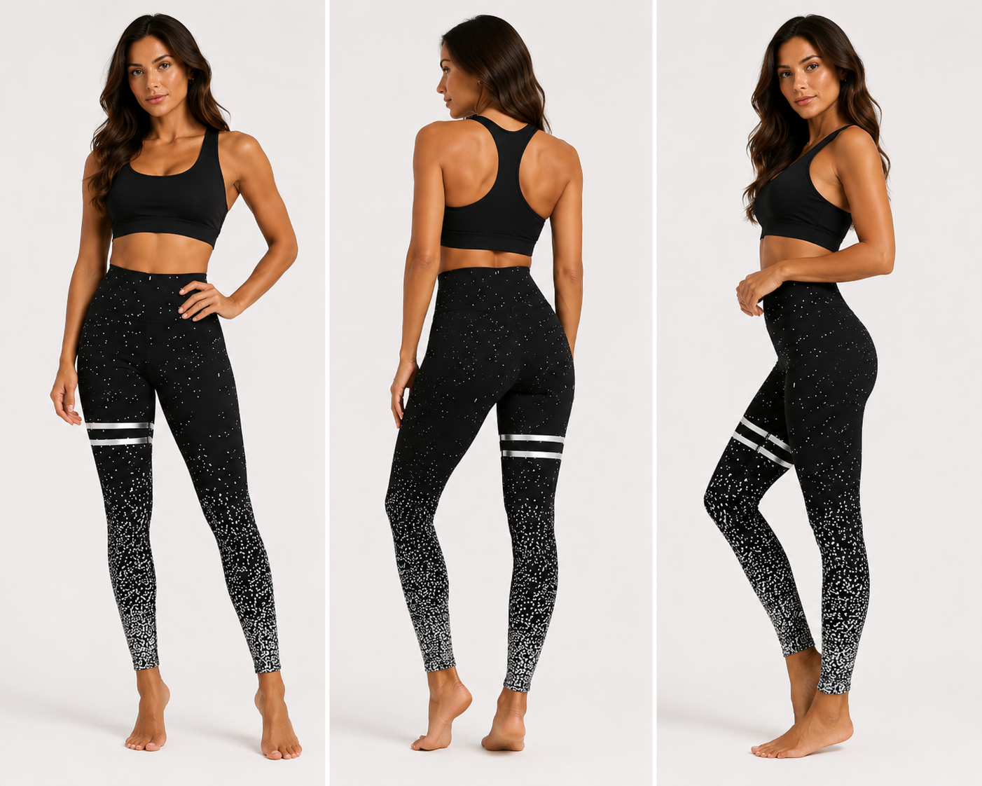 Ladies Black high-waisted leggings with silver stripes and glitter detail for women.