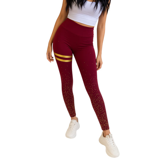 Ladies Burgundy high-waisted leggings with gold stripes and glitter detail for women.