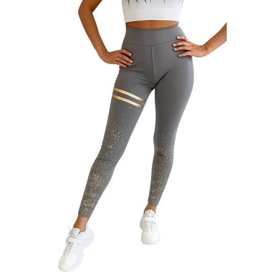 Ladies grey high-waisted leggings with gold stripes and glitter detail for women.