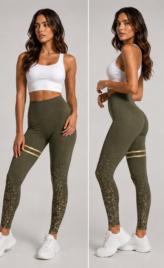Ladies khaki green high-waisted leggings with gold stripes and glitter detail for women.