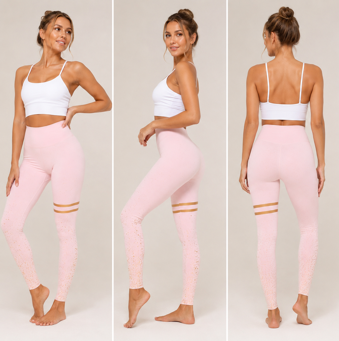 Ladies soft pink high-waisted leggings with gold stripes and glitter detail for women.