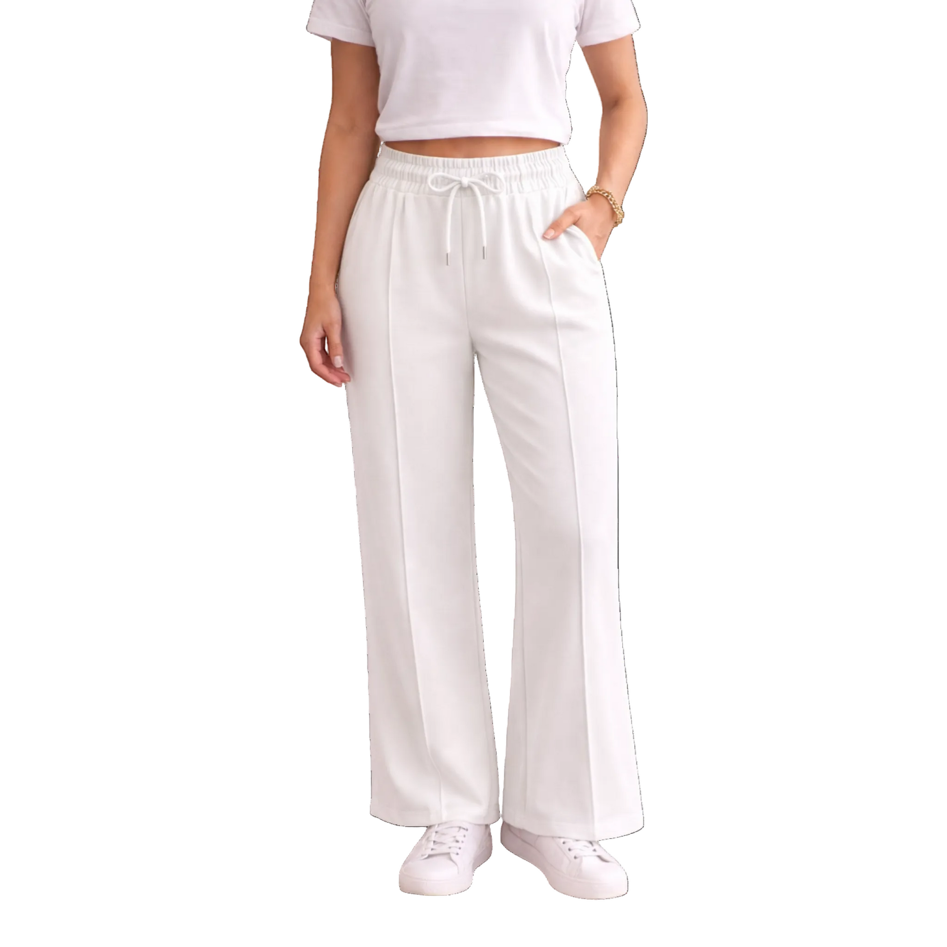 Upgrade your everyday wardrobe with these ultra-comfortable and effortlessly stylish wide leg trousers. Designed with a flattering high-rise elastic waistband and adjustable drawstring tie, these trousers combine comfort and elegance in one easy-to-wear piece.