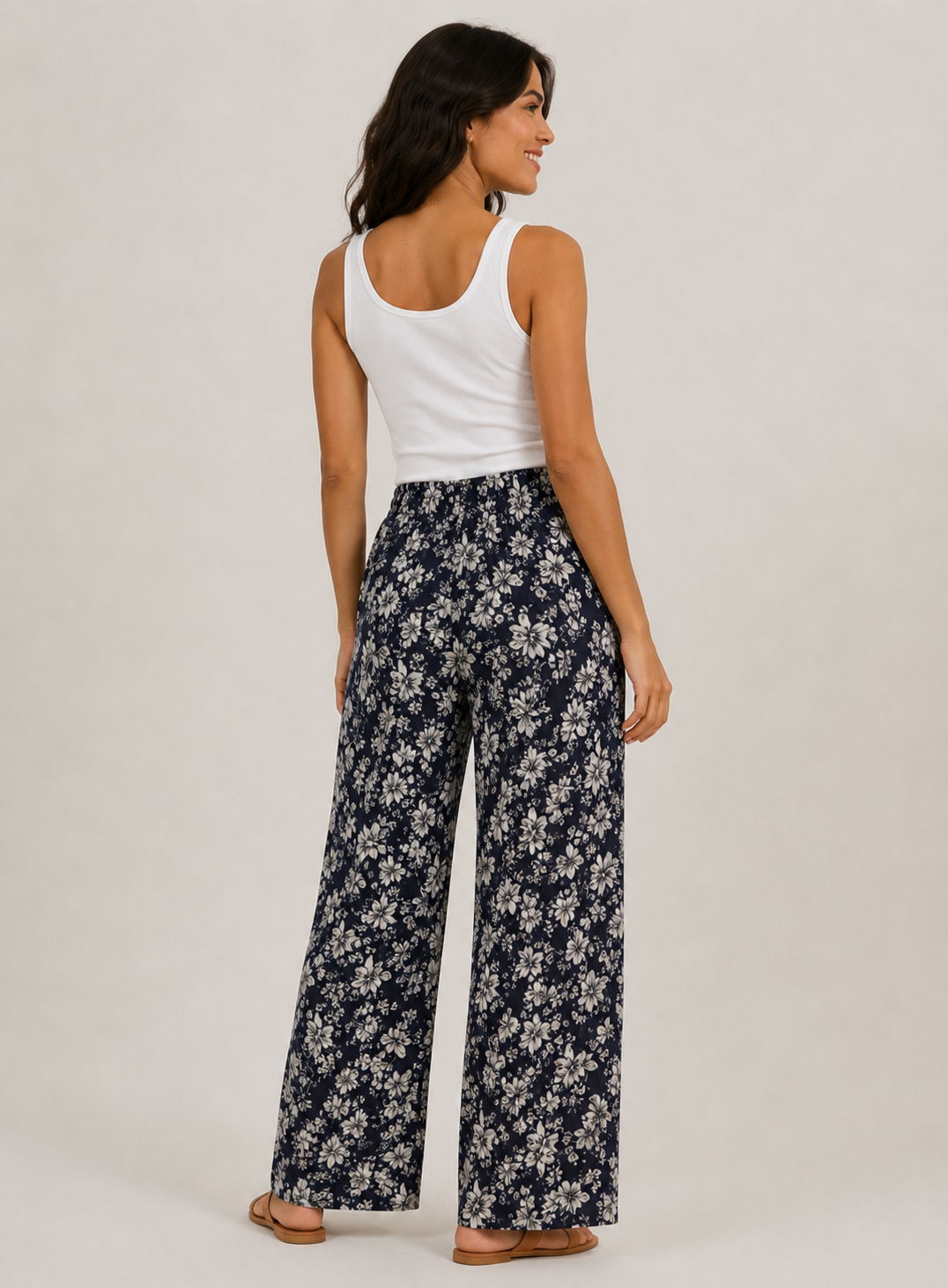 Ladies navy floral print harem palazzo trousers with elastic waistband and drawstring