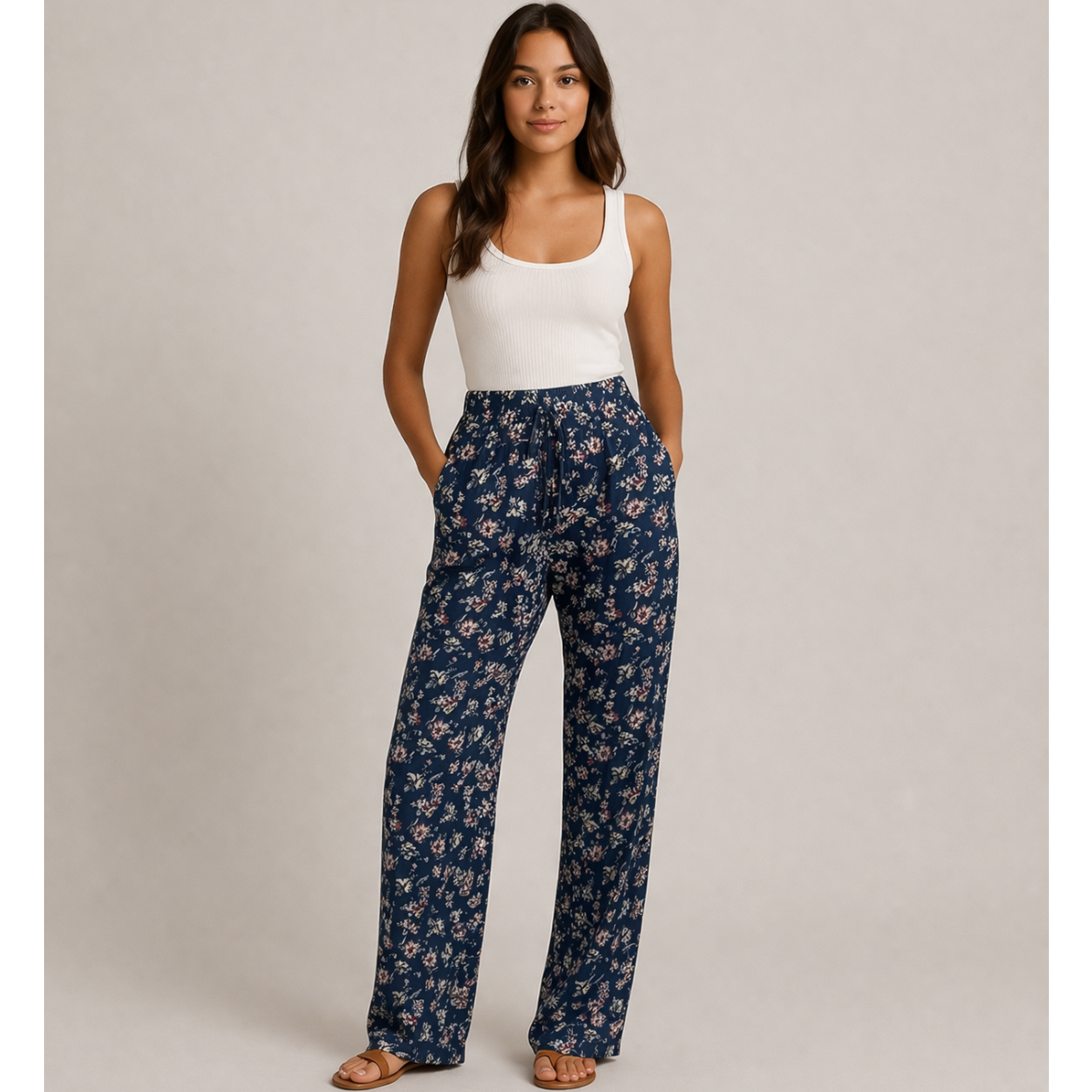 Women's lightweight floral print trousers in navy blue with elasticated waist – 3 vintage-style flower patterns
