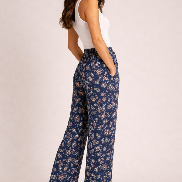 Ladies Soft Flow Navy Floral Palazzo Trousers