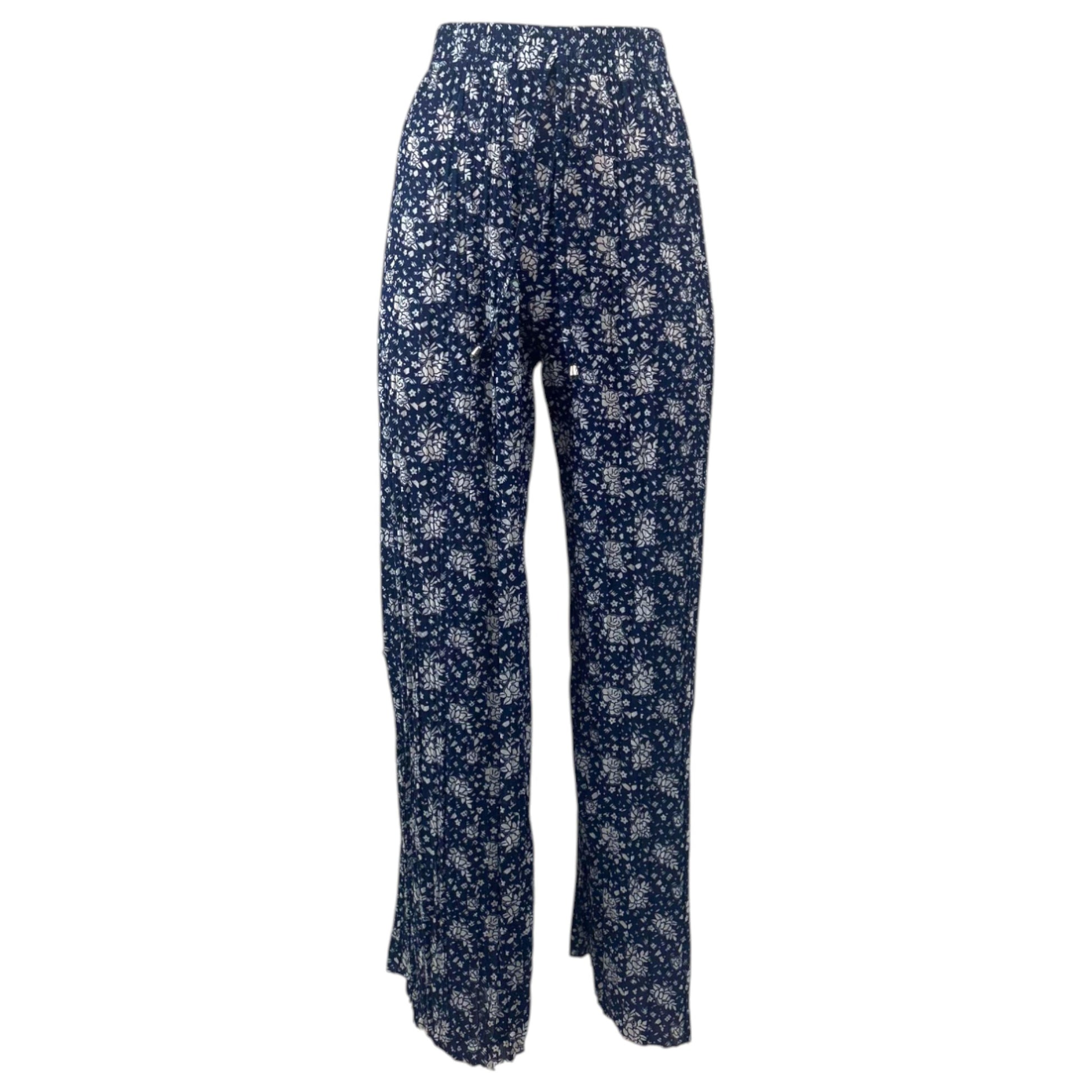 Women's lightweight floral print trousers in navy blue with elasticated waist – 3 vintage-style flower patterns