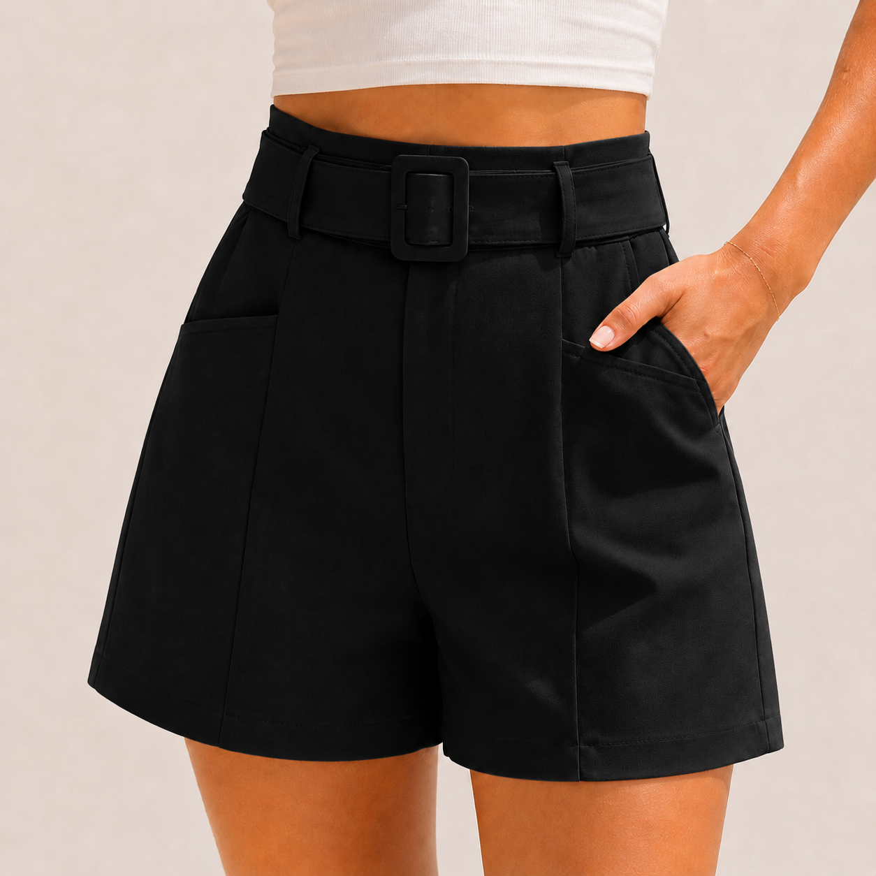 Women's high-waisted belted tailored shorts in black – smart summer shorts with pockets and pleated front detail
