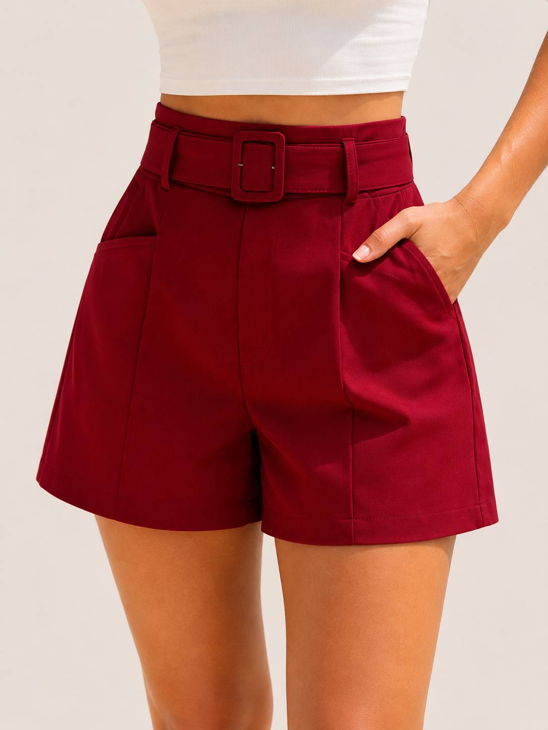 Women's high-waisted belted tailored shorts in red – smart summer shorts with pockets and pleated front detail