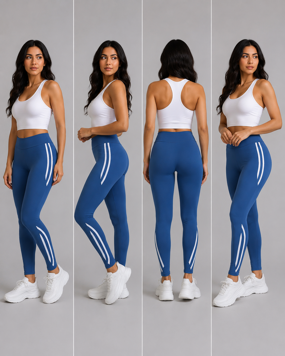 Women’s blue high waisted leggings with side stripes, stretchy gym and casual wear