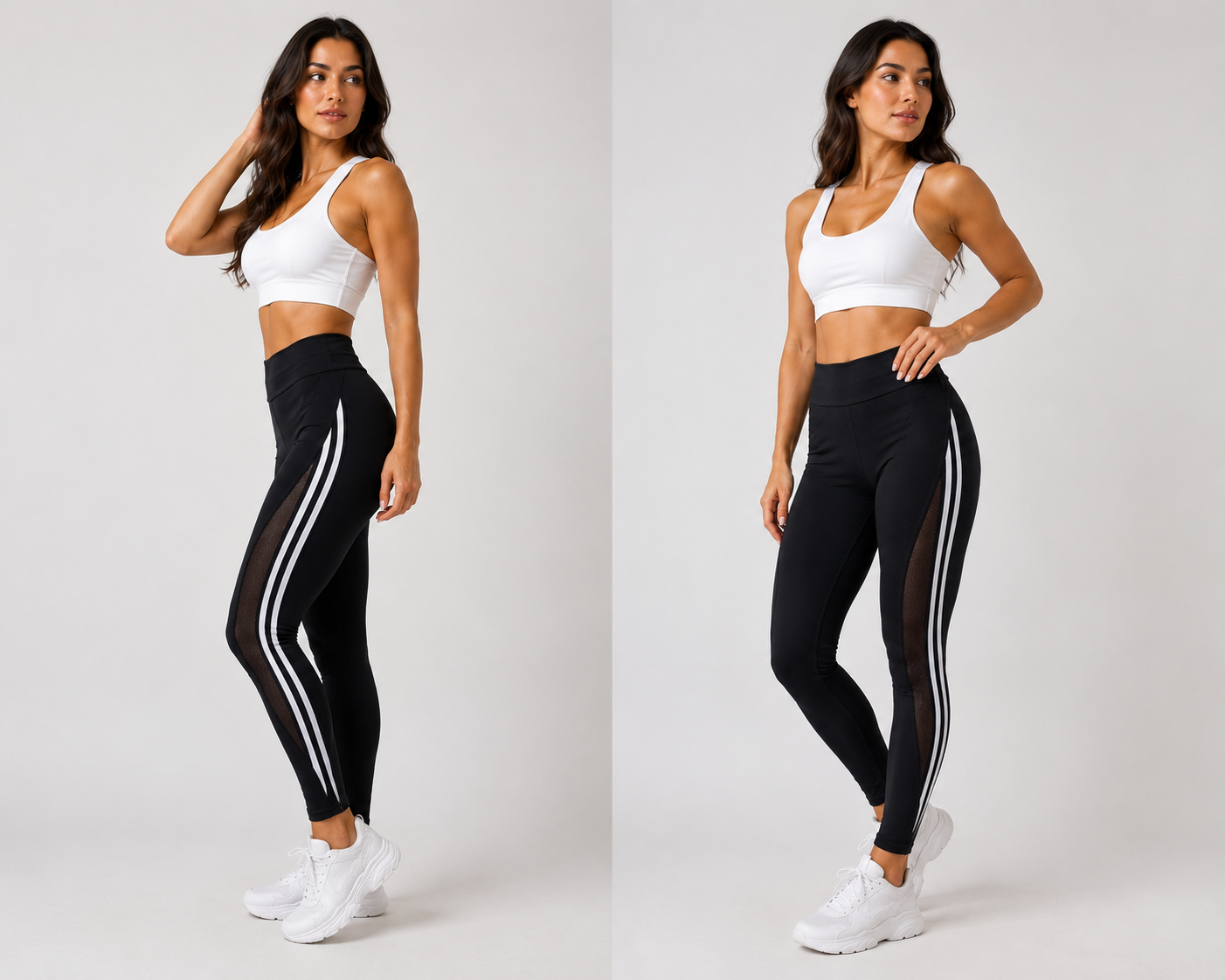 Women’s black high waisted leggings with side stripes, stretchy gym and casual wear