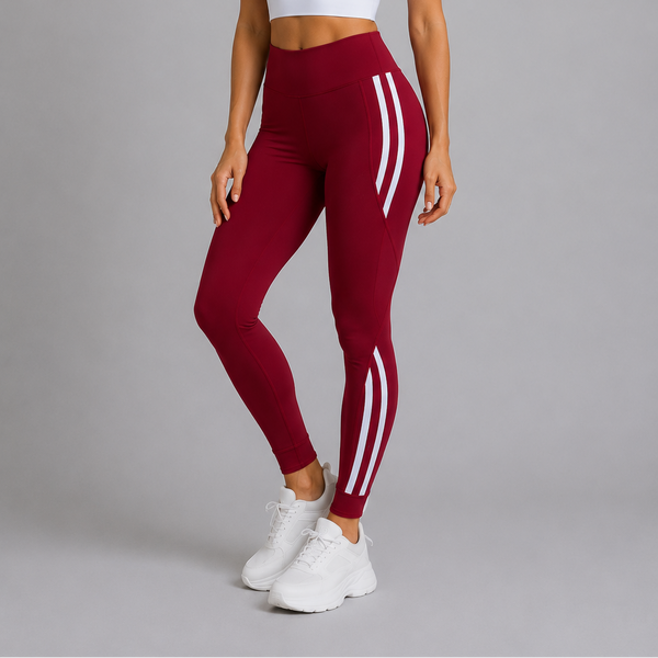 Ladies High-Waisted Split Stripe Leggings (Burgundy)