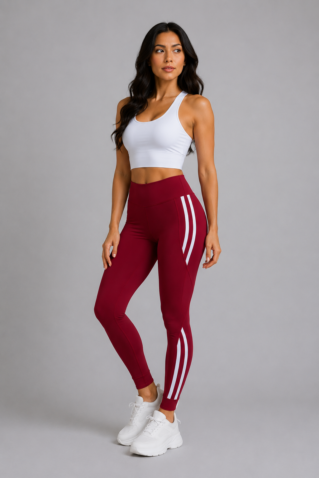 Women’s burgundy red high waisted leggings with side stripes, stretchy gym and casual wear