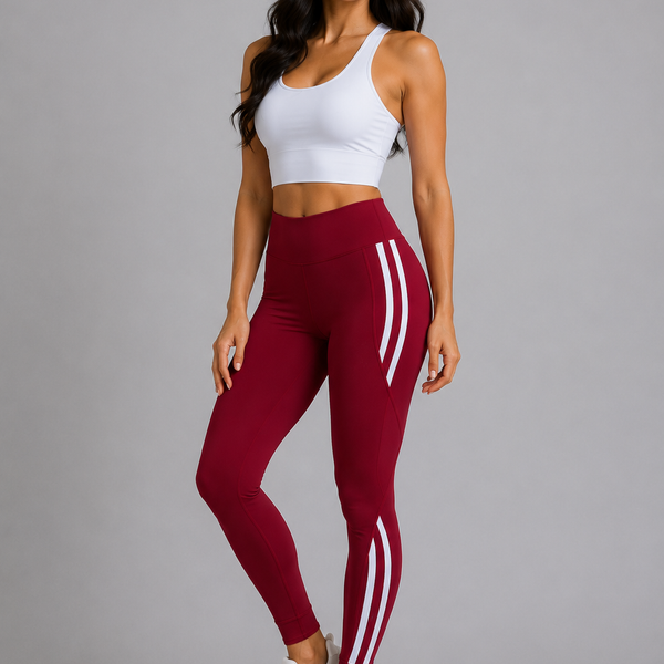 Ladies High-Waisted Split Stripe Leggings (Burgundy)