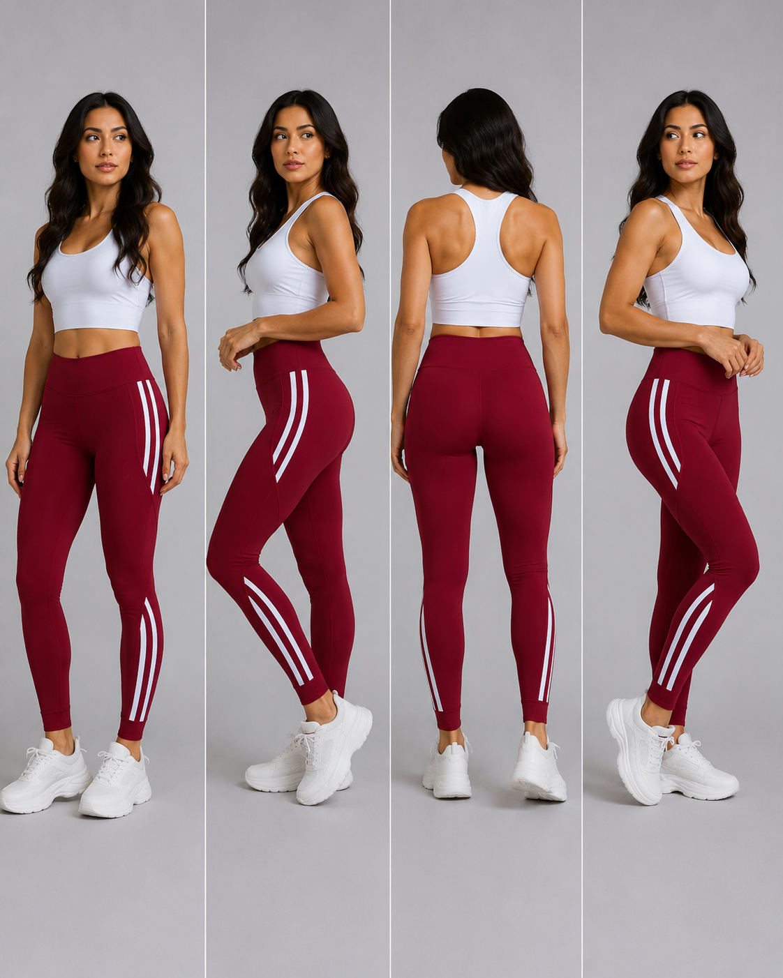 Women’s burgundy red high waisted leggings with side stripes, stretchy gym and casual wear