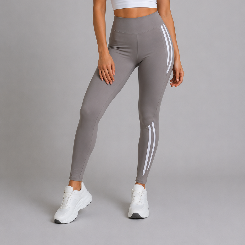 Women’s grey high waisted leggings with side stripes, stretchy gym and casual wear