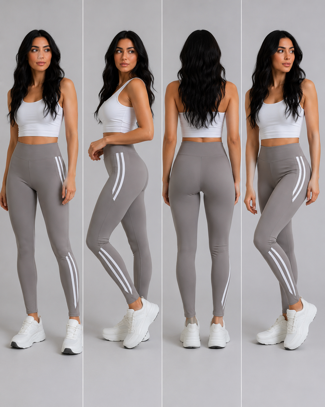 Women’s grey high waisted leggings with side stripes, stretchy gym and casual wear