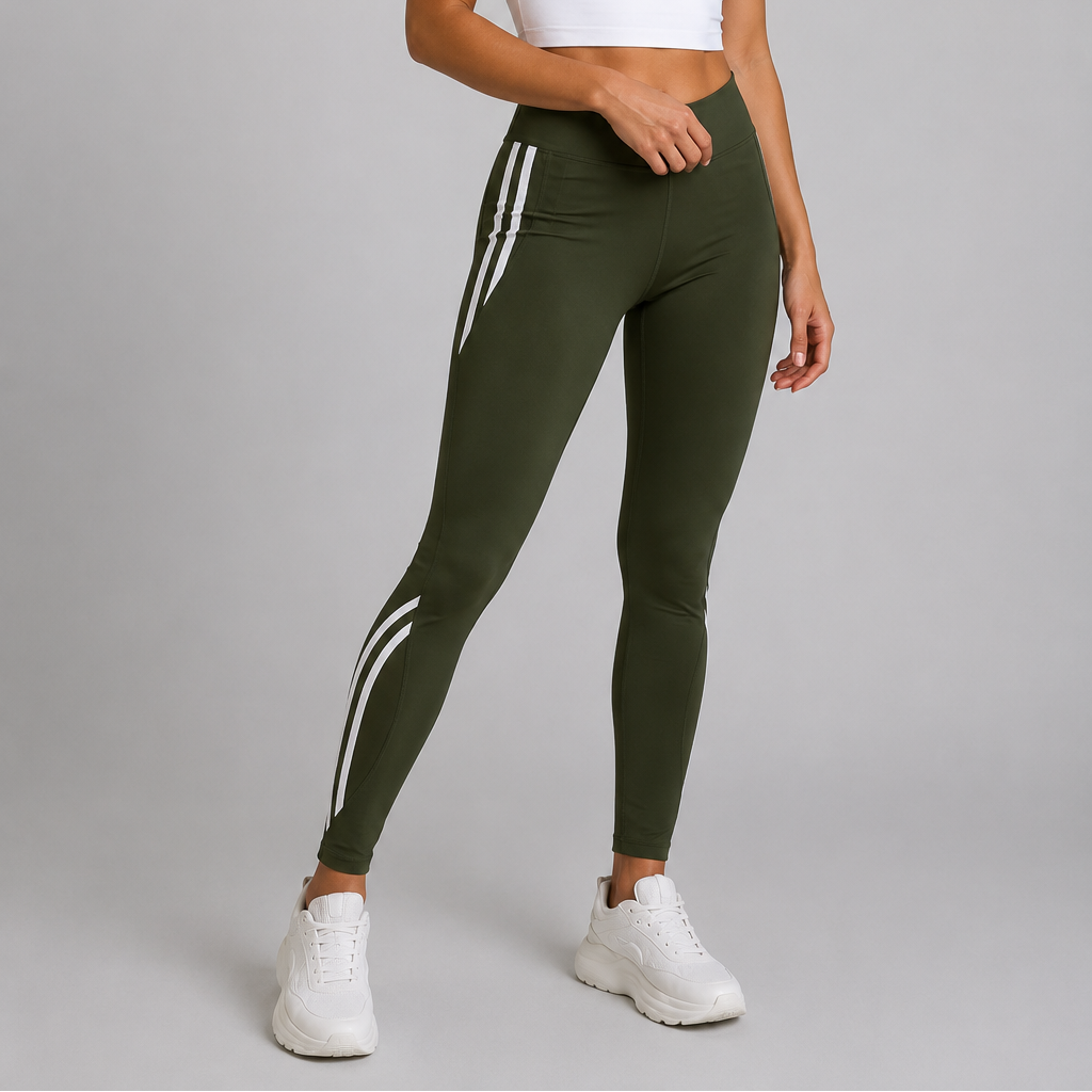 Women’s khaki green high waisted leggings with side stripes, stretchy gym and casual wear