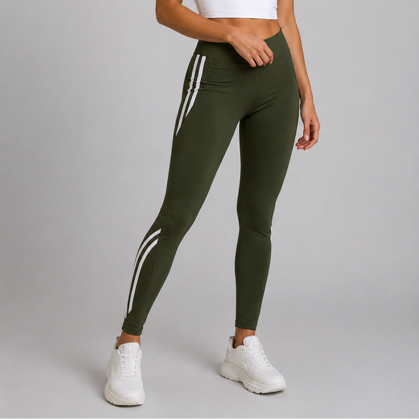 Ladies High-Waisted Split Stripe Leggings (Khaki)