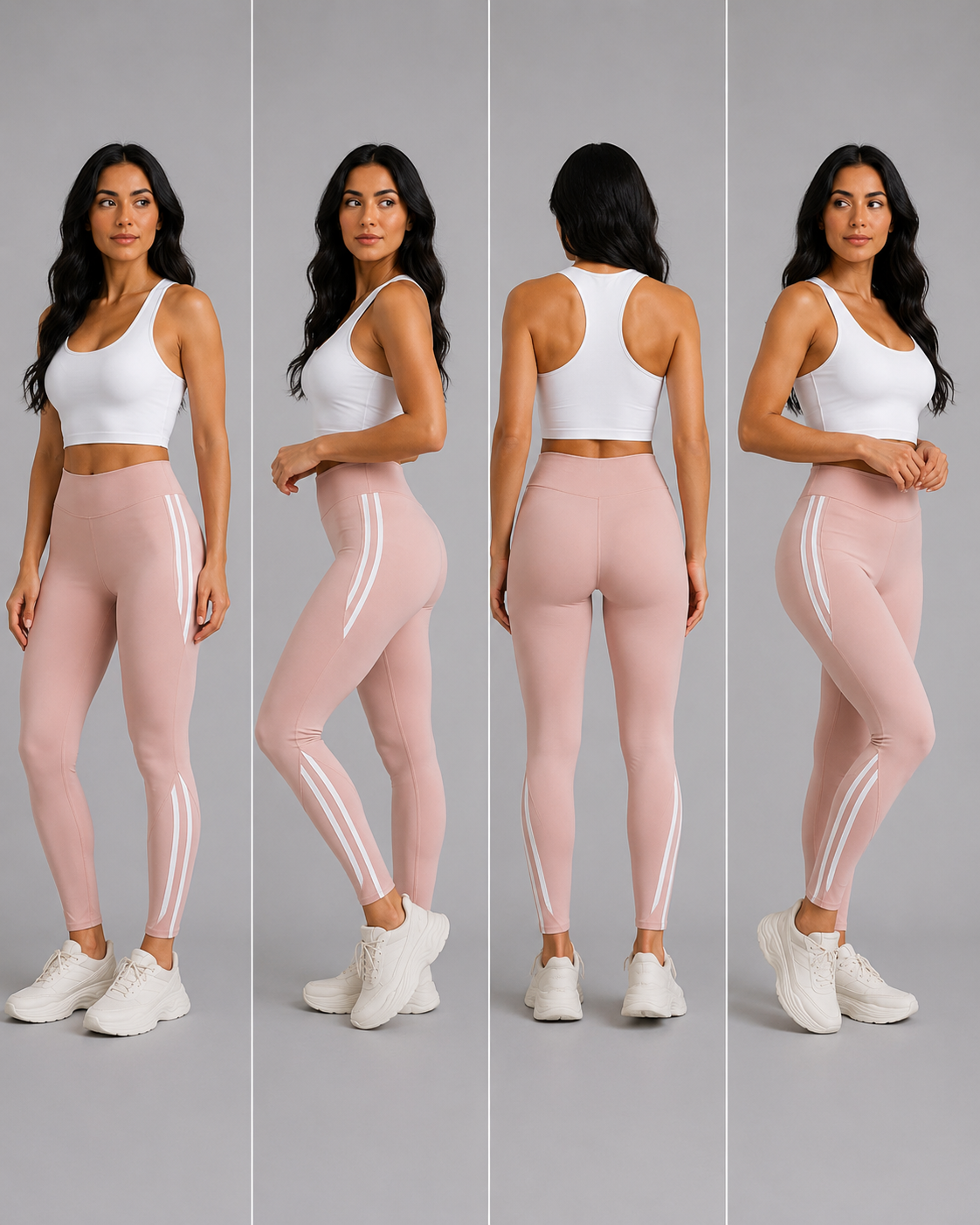 Women’s soft pink high waisted leggings with side stripes, stretchy gym and casual wear