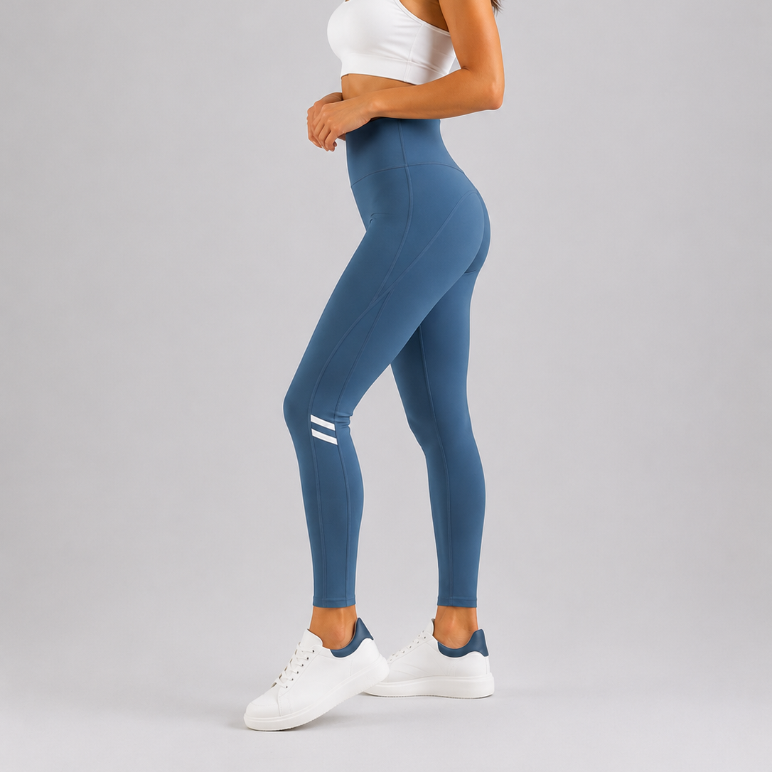 Women's air force blue comfort fit leggings with sheer mesh side panels and white stripe detail
