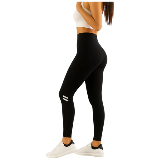 Women's black comfort fit leggings with sheer mesh side panels and white stripe detail