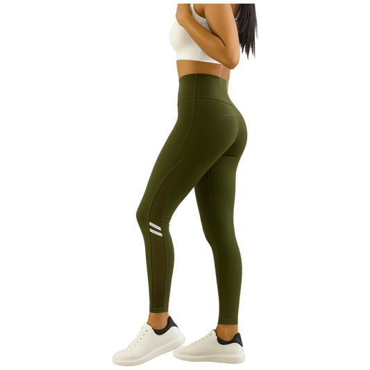 Women's khaki comfort fit leggings with sheer mesh side panels and white stripe detail