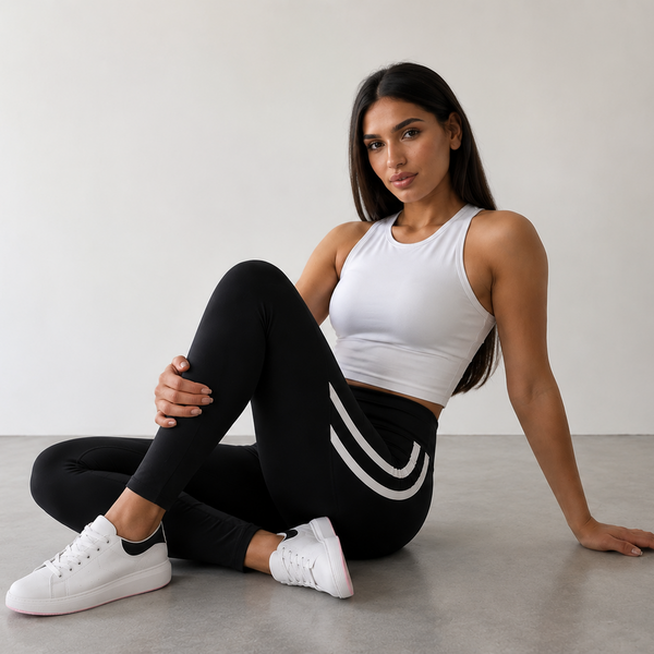 Ladies Sculpt High Waist Half Stripe Gym Legging (Black)