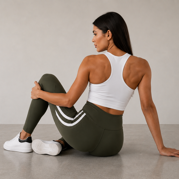 Ladies Sculpt High Waist Half Stripe Gym Legging (Khaki)